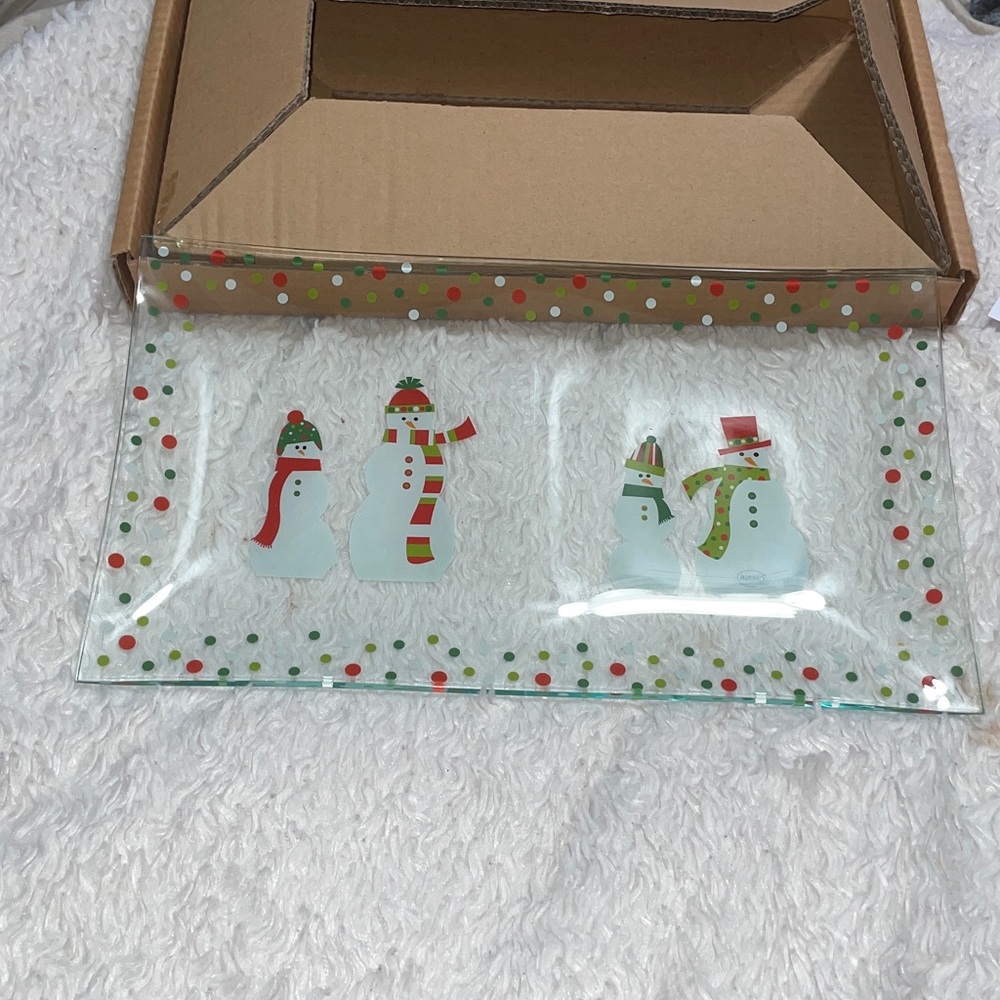 NEW Pampered Chef Snowmen-Dots Divided Platter Glass Christmas Plate #3012